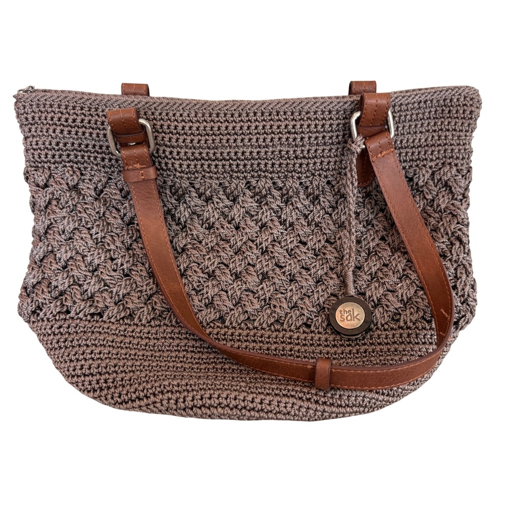 The Sak Crochet Shoulder Bag Taupe Mushroom Brown Knit Tote Hobo Handbag
